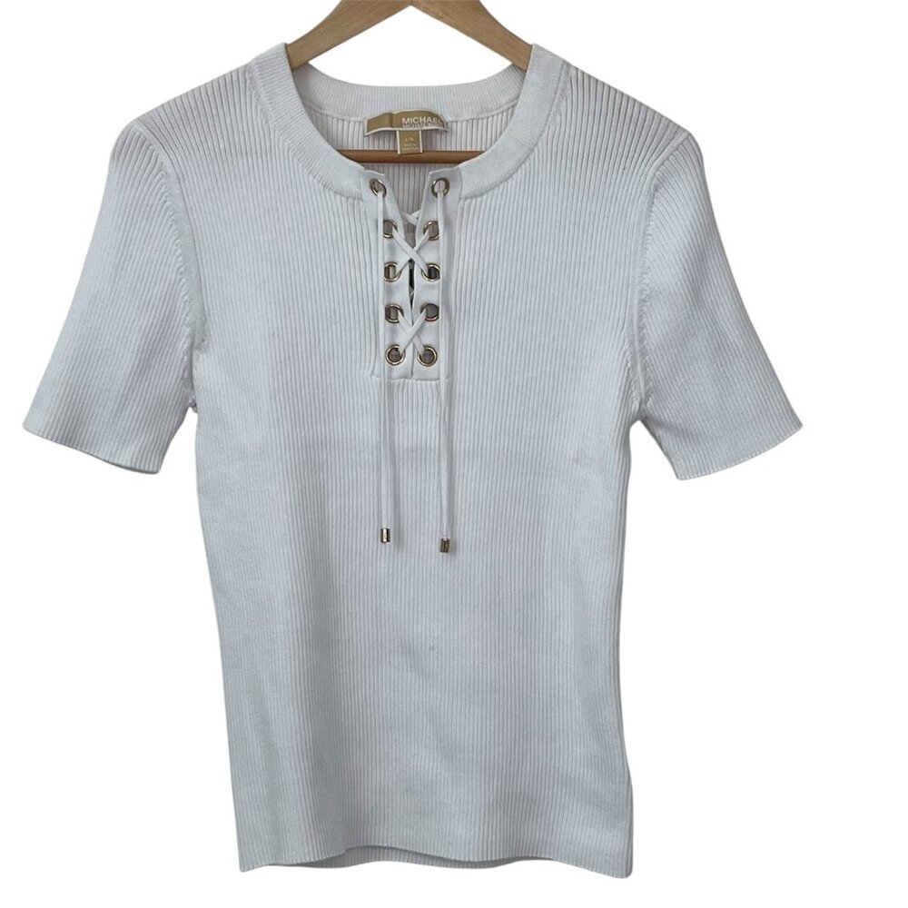 Michael Kors Lace-Up Ribbed Soft Stretch Knit Top Short-Sleeve White Women Large